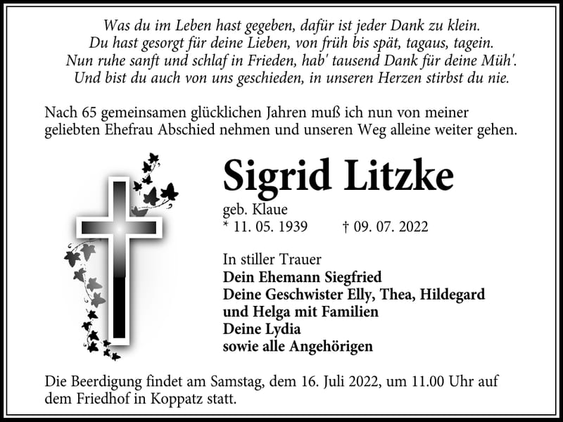Traueranzeige Sigrid Litzke, geb. Klaue