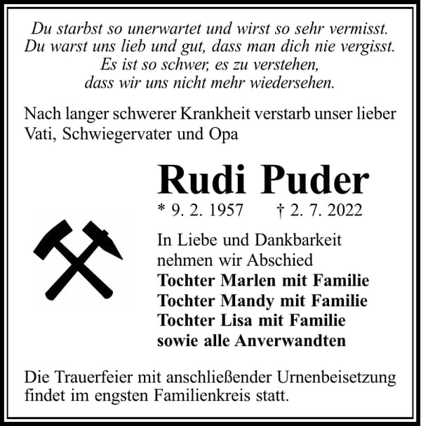 Traueranzeige Rudi Puder