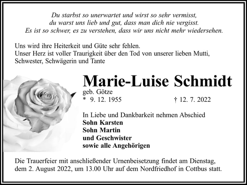 Traueranzeige Marie-Luise Schmidt, geb. Götze