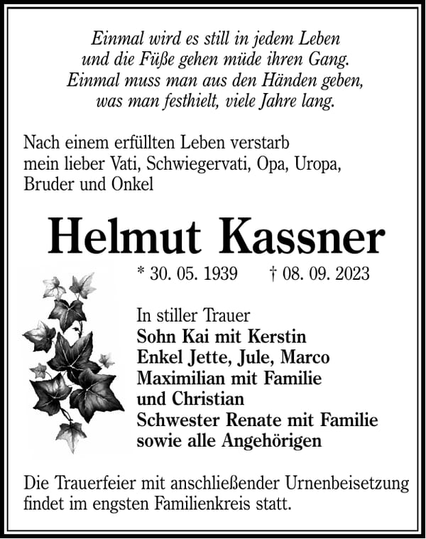 Traueranzeige Helmut Kassner