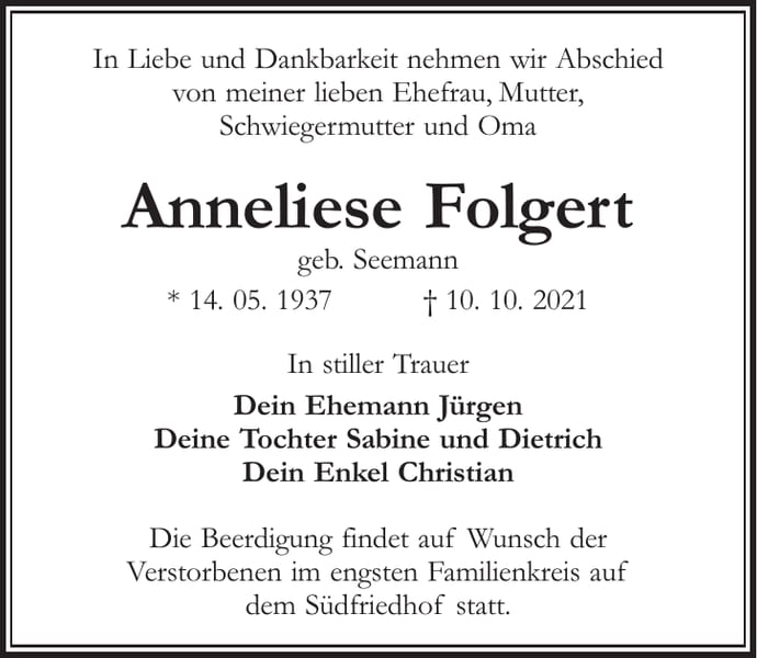 Traueranzeige Anneliese Folgert, geb. Seemann