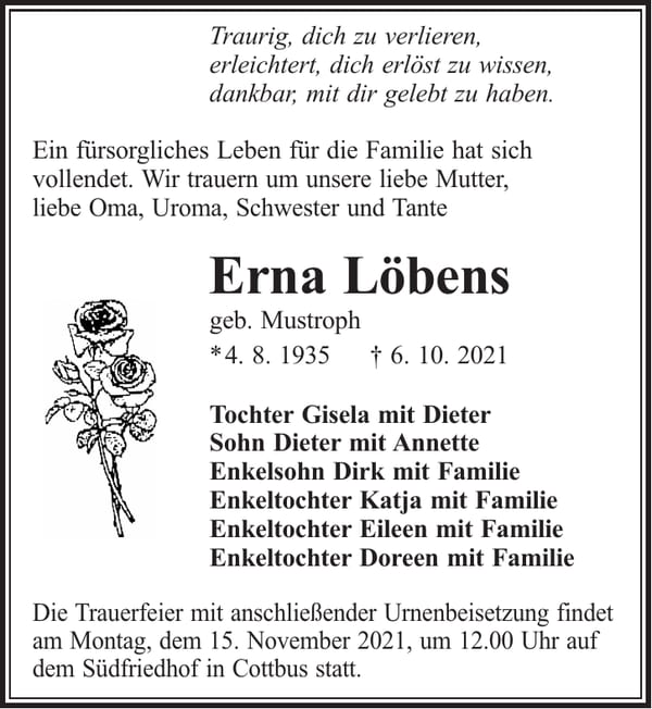 Traueranzeige Erna Löbens, geb. Mustroph