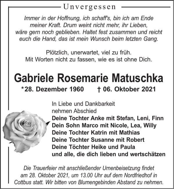 Traueranzeige Gabriele Rosemarie Matuschka