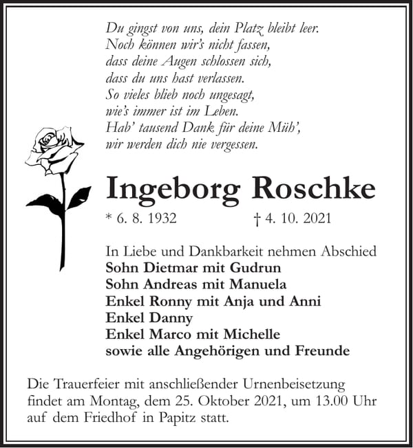 Traueranzeige Ingeborg Roschke