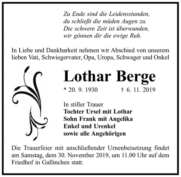 Traueranzeige Lothar Berge