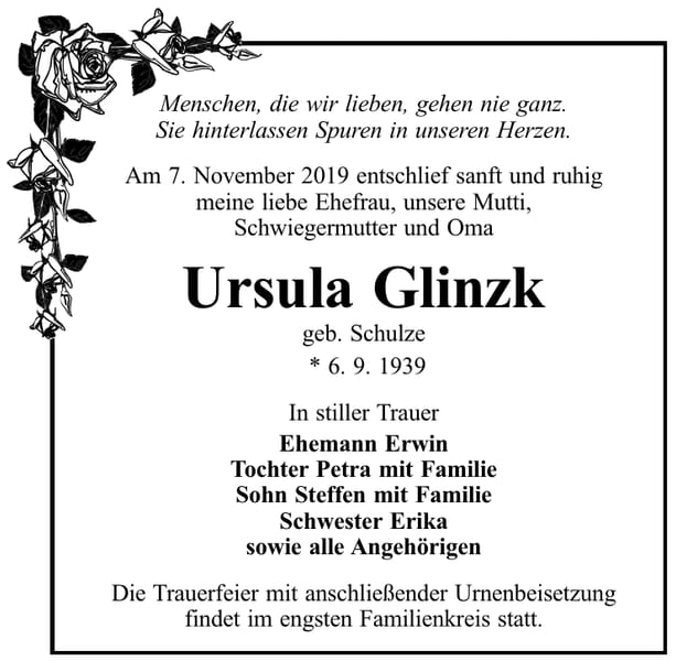 Traueranzeige Ursula Glinzk, geb. Schulze