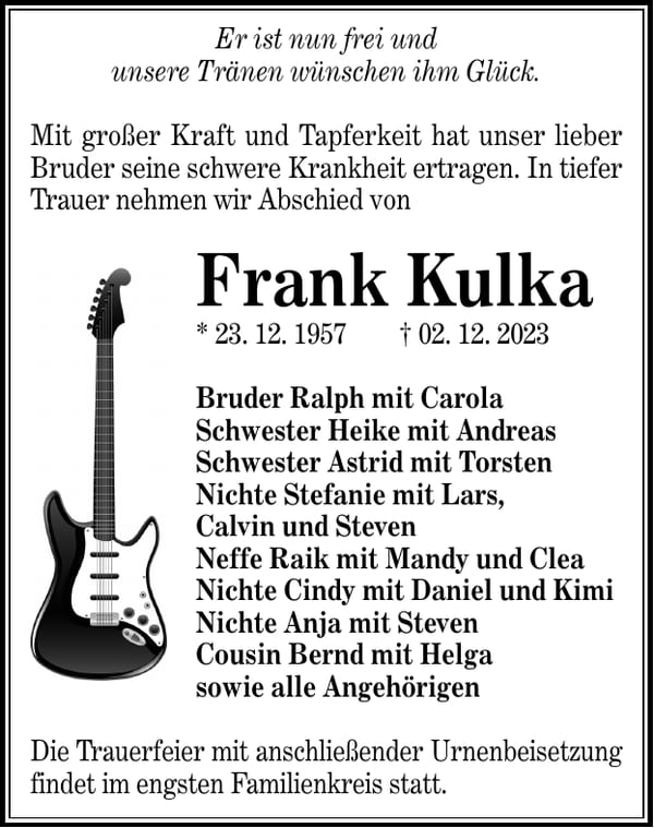 Traueranzeige Frank Kulka