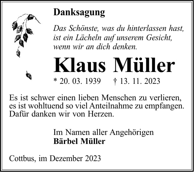 Danksagung Klaus Müller