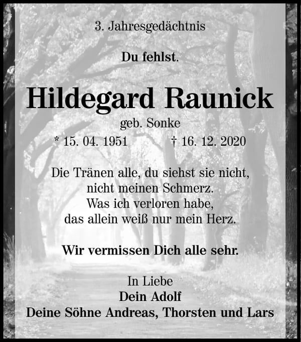 Jahresgedenken Hildegard Raunick, geb. Sonke