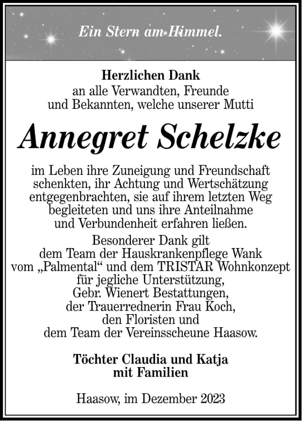 Danksagung Annegret Schelzke