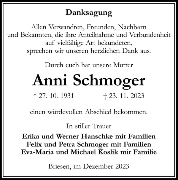 Danksagung Anni Schmoger