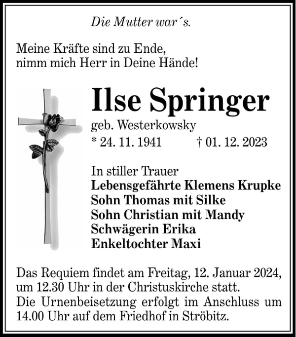 Traueranzeige Ilse Springer, geb. Westerkowsky