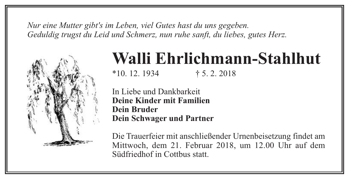Traueranzeige Walli Ehrlichmann-Stahlhut