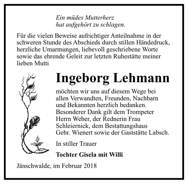 Danksagung Ingeborg Lehmann