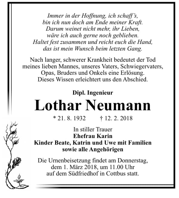 Traueranzeige Lothar Neumann