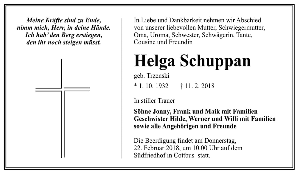 Traueranzeige Helga Schuppan geb. Trzenski