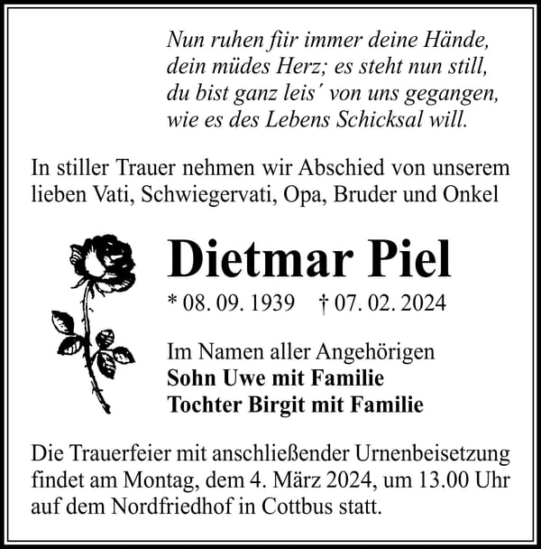 Traueranzeige Dietmar Piel