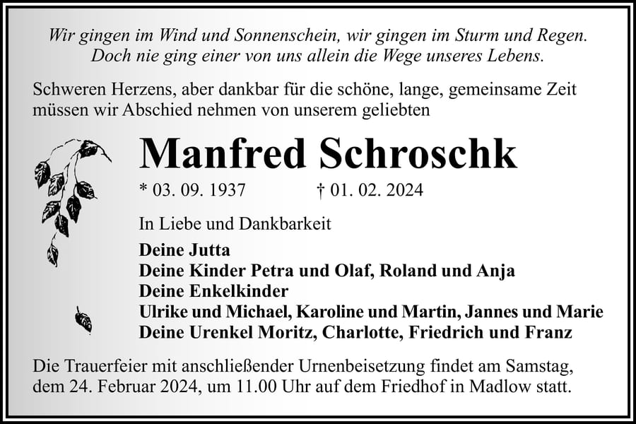 Traueranzeige Manfred Schroschk
