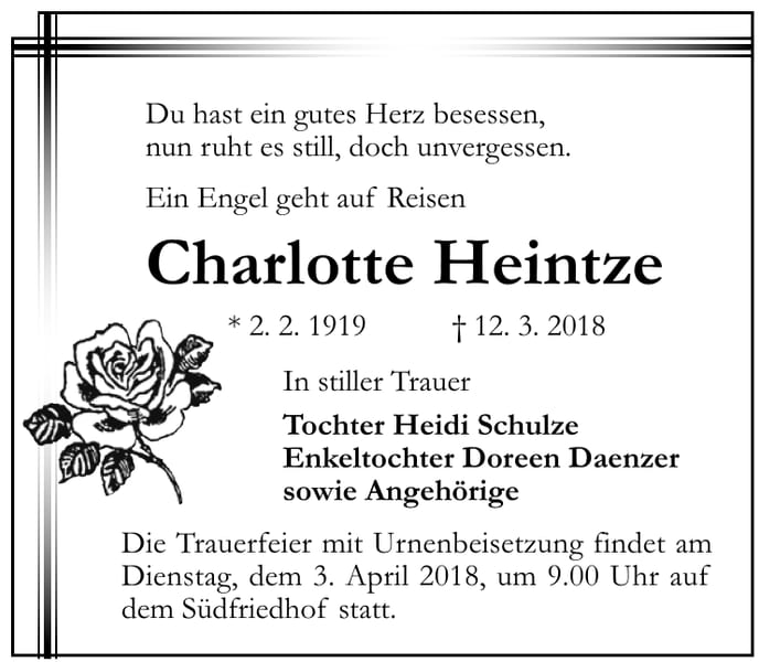 Traueranzeige Charlotte Heintze
