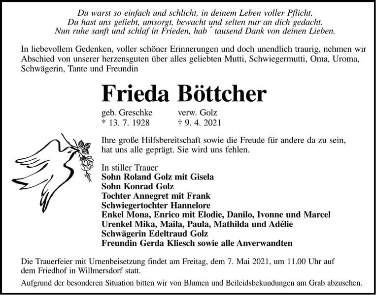 Traueranzeige Frieda Böttcher, geb. Greschke
