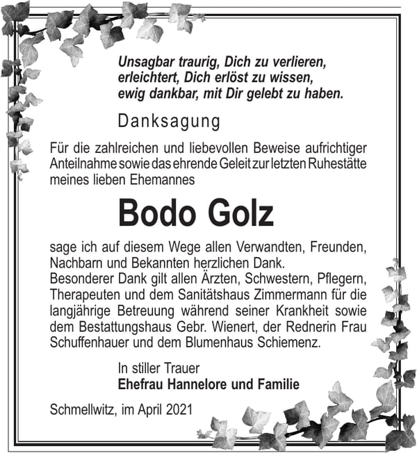 Danksagung Bodo Golz