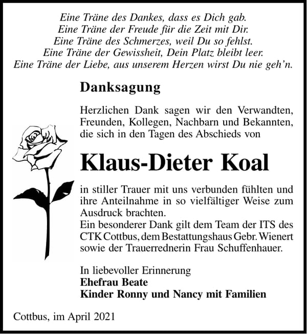 Danksagung Klaus-Dieter Koal