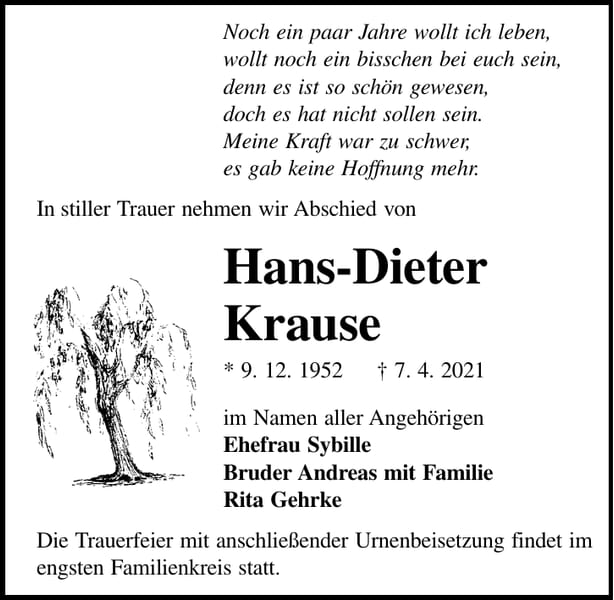 Traueranzeige Hans-Dieter Krause