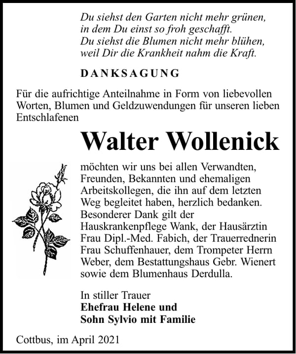 Danksagung Walter Wollenick