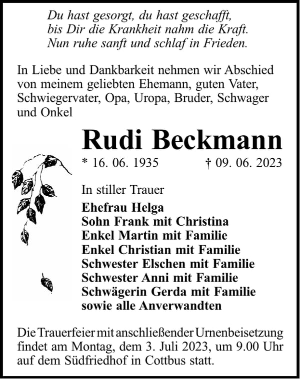 Traueranzeige Rudi Beckmann