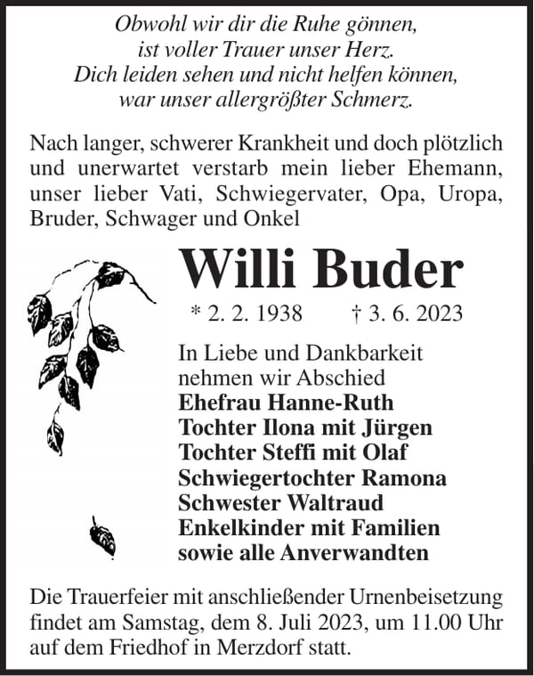 Traueranzeige Willi Buder