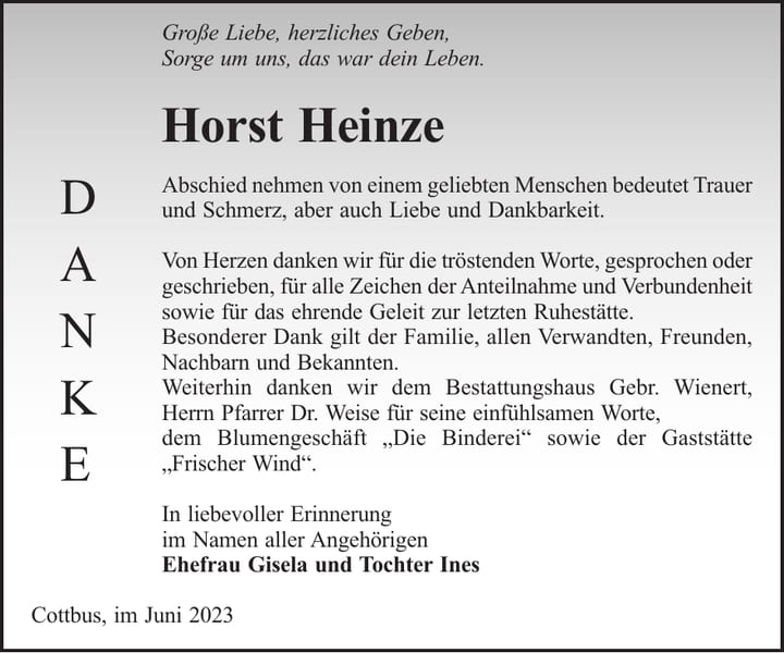 Danksagung Horst Heinze