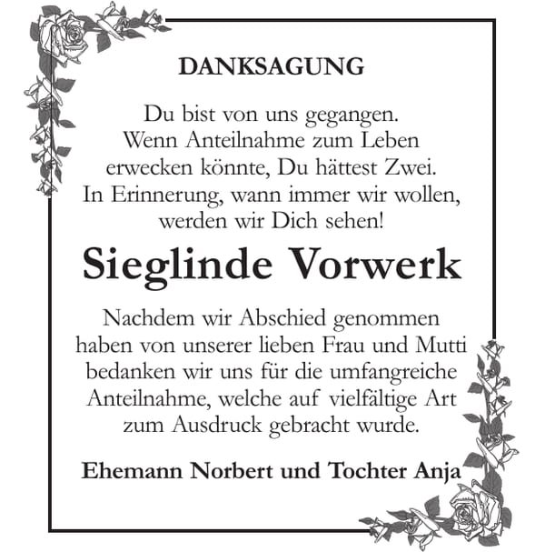 Danksagung Sieglinde Vorwerk
