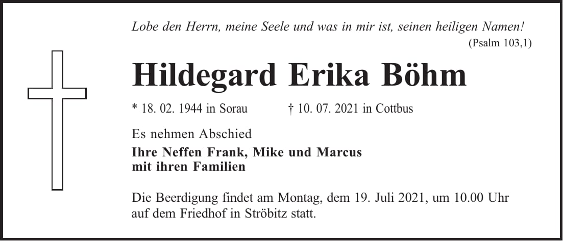 Traueranzeige Hildegard Erika Böhm