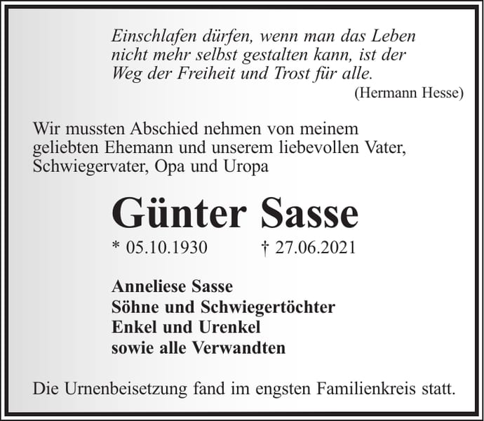 Traueranzeige Günter Sasse