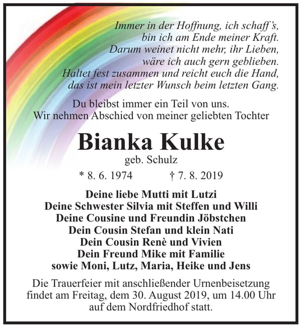 Traueranzeige Bianka Kulke, geb. Schulz