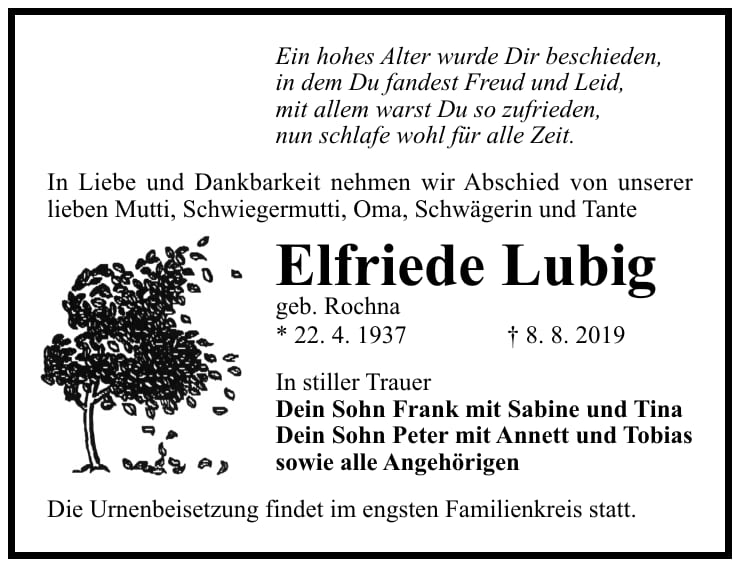 Traueranzeige Elfriede Lubig, geb. Rochna