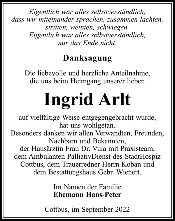 Danksagung Ingrid Arlt