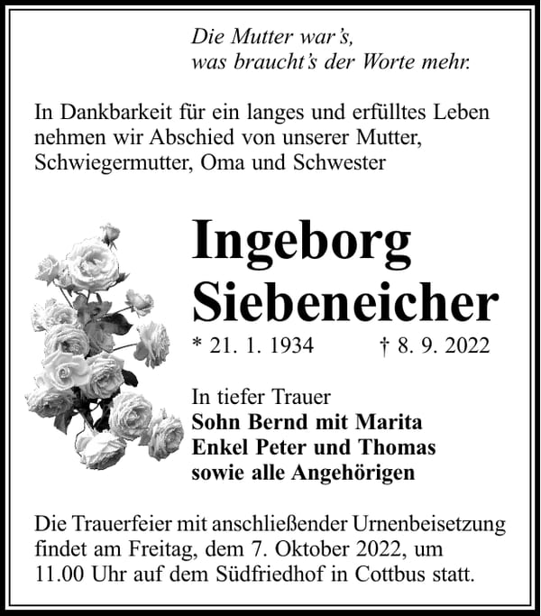 Traueranzeige Ingeborg Siebeneicher