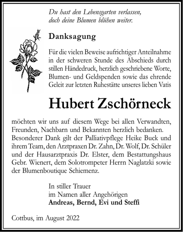 Danksagung Hubert Zschörneck
