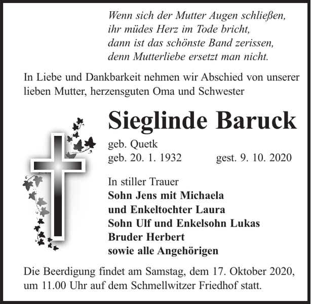 Traueranzeige Sieglinde Baruck, geb. Quetk