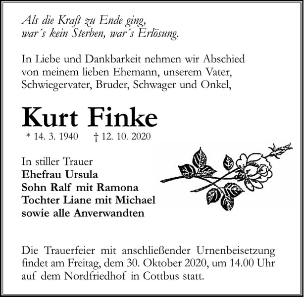 Traueranzeige Kurt Finke