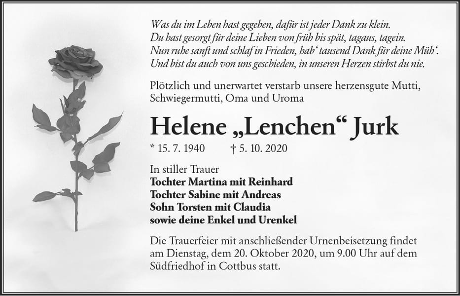 Traueranzeige Helene „Lenchen“ Jurk