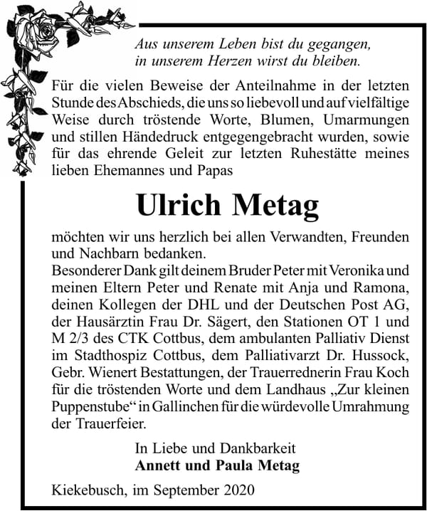 Danksagung Ulrich Metag