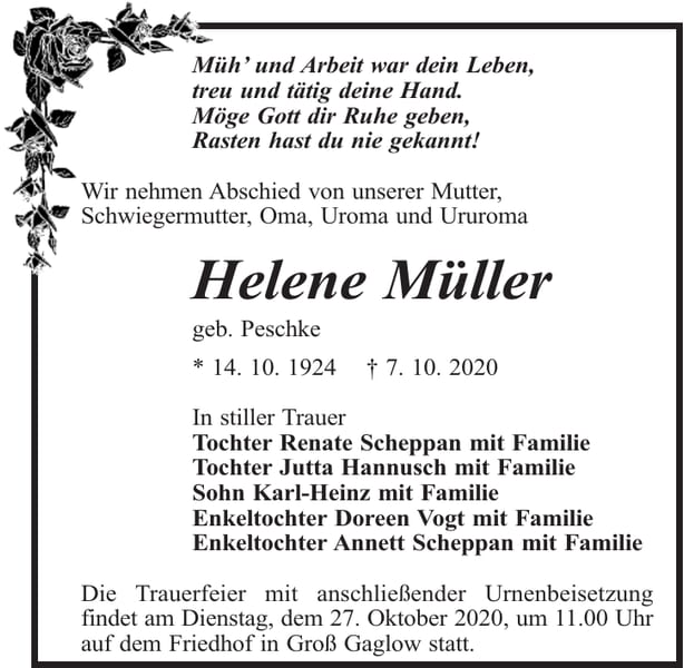 Traueranzeige Helene Müller, geb. Peschke