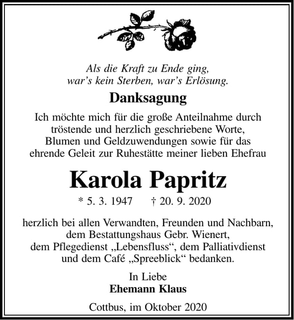 Danksagung Karola Papritz
