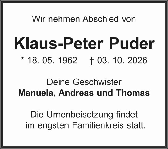 Traueranzeige Klaus-Peter Puder