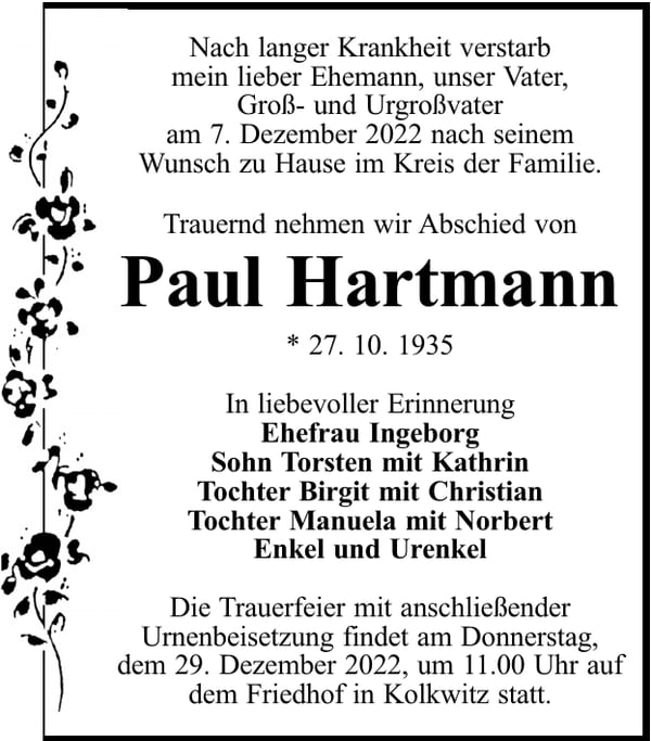 Traueranzeige Paul Hartmann
