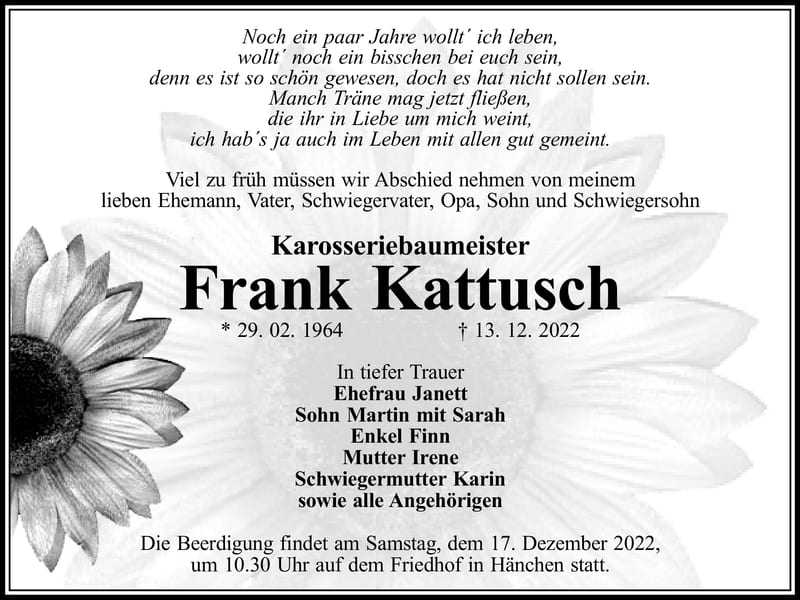 Traueranzeige Frank Kattusch