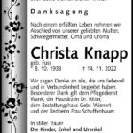 Danksagung Christa Knapp, geb. Fuss