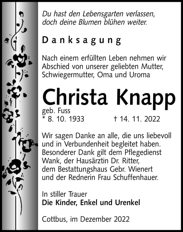 Danksagung Christa Knapp, geb. Fuss
